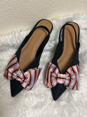 ASOS Black Pointed Slingback Flats with Multicolor Striped Bow Accent